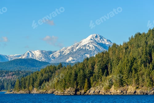 Preview: Fantastic View Over Ocean, Snow Mountain And Rocks At Sechelt Inlet In Vancouver, Canada.