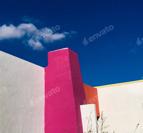 Preview: Detail Of Building Facade In Scottsdale, Arizona, With Hot Pink And Red Paint Against A Dark Blue