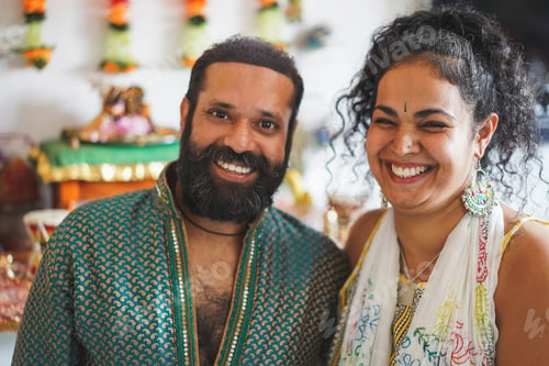 Preview: Indian Husband And Wife Smiling In Front Of The Camera - Portrait Of Happy Southern Asian Couple