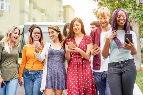 Preview: Happy Millennial Friends Using Smartphones At Bus Station - Young Students People Having Fun After
