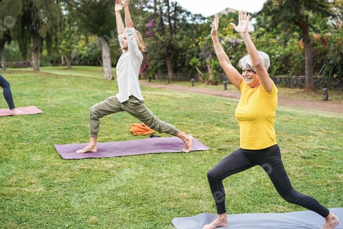Preview: People Doing Yoga Class Outdoor At City Park - Main Focus On Senior Woman Face