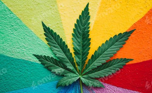 Preview: Marijuana Plant With Colorful Wall In Background - Cannabis Medicine And Healthy Lifestyle Concept