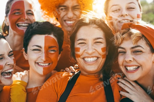 Preview: Orange Sport Fans Screaming While Supporting Their Team - Football Supporters Having Fun At