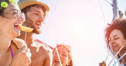 Preview: Happy Friends Eaeting Tropical Fruits In Boat Party Excursion - Young People Having Fun On Summer