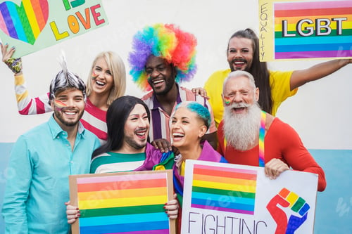 Preview: Gay People Having Fun At Pride Parade With Lgbt Flags Outdoors - Main Focus On African Man Face
