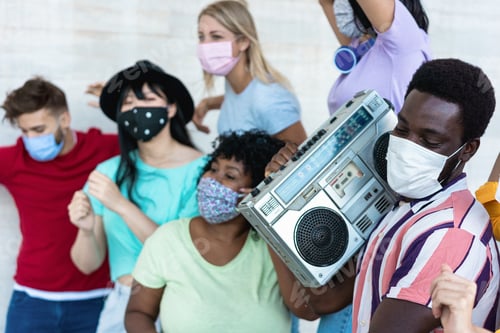 Preview: Multiracial Friends With Masks Dancing And Listening Music With Boombox Stereo Outdoors - Main