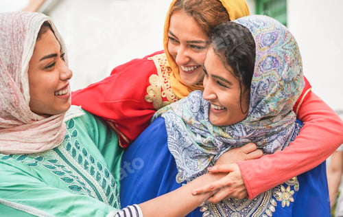 Preview: Young Islamic Friends Having Fun Outdoor - Happy Arabian Friends Laughing And Smiling Together