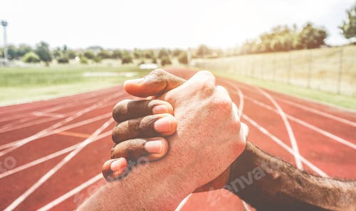 Preview: Multiracial Runners In A Modern Handshake To Show Each Other Friendship And Respect Against Racism