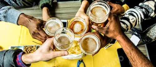 Preview: Top View Of Friends Cheering With Home Brew In Pub Bar Restaurant - Young People Hands Toasting And