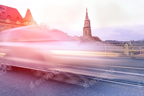 Preview: Big Suv Auto Speeding Along The Street At Sunset - Speedster Car In Old Town - Transport And