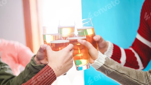 Preview: Group Of Friends Cheering With Beers In Pub Restaurant - Hands View Of People Having Fun Drinking