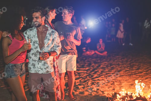 Preview: Happy Friends Drinking Beer At Beach Music Festival - Young People Having Fun Summer Vacation