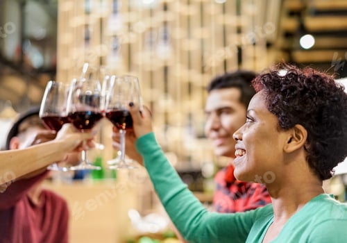 Preview: Group Of Multi Ethnic Friends Cheering And Toasting Wine In Wood Wine Beer Shop - Young Cheerful