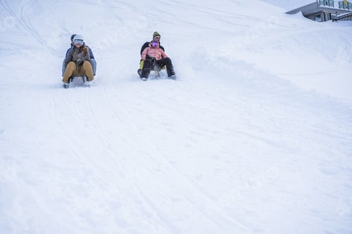 Preview: Crazy Happy Friends Having Fun With Sledding On Snow High Mountains