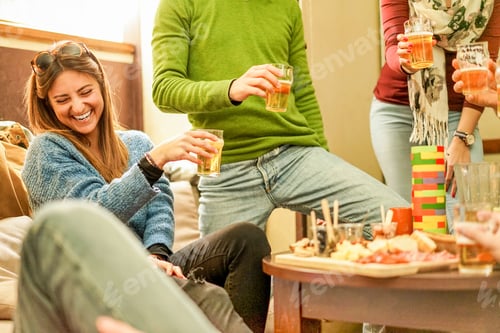 Preview: Young Friends Having Fun Toasting Beer At Bar Pub Restaurant - Happy People Enjoying Cheerful