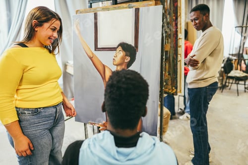 Preview: Multiracial Students Painting Inside Art Room Class At University - Focus On Curvy Girl Face