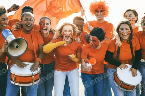 Preview: Multiracial Sport Fans Screaming While Supporting Their Team - Football Supporters Having Fun At