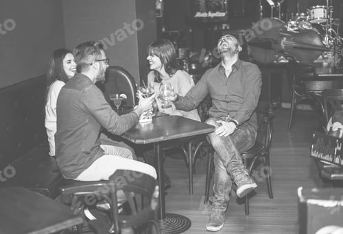Preview: Happy Friends Cheering At Cocktail Jazz Bar - Young Trendy People Having Fun Drinking Alcohol And