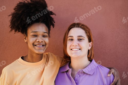 Preview: Multiracial Friends Having Fun Together Outdoor - Focus On Caucasian Girl Face