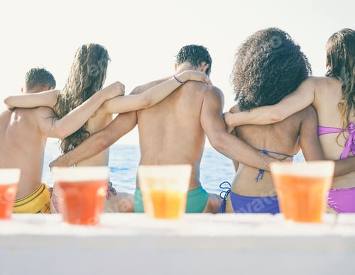 Preview: Back View Of Young Friends Sitting On Boat In Summer Vacation - Group Of People Enjoying Holidays