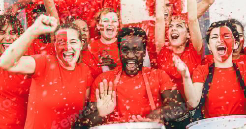Preview: Multiracial Red Sport Fans Screaming While Supporting Their Team - Football Supporters Having Fun
