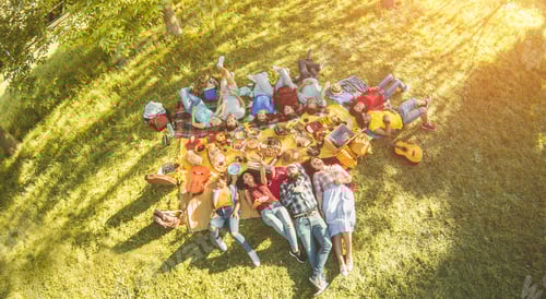 Preview: Happy Friends Lying Down At Picnic Dinner Outdoor - Young Millennials People Having Fun In A