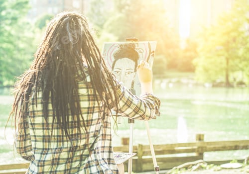 Preview: Artist Girl Painting Self-Portrait In City Lake Park Outdoor - Young Painter Woman With Dreadlocks