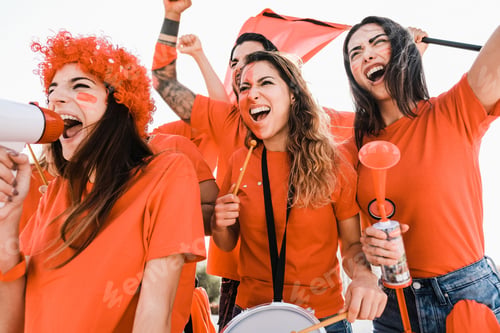 Preview: Orange Sport Fans Screaming While Supporting Their Team Out Of The Stadium - Soft Focus On Center
