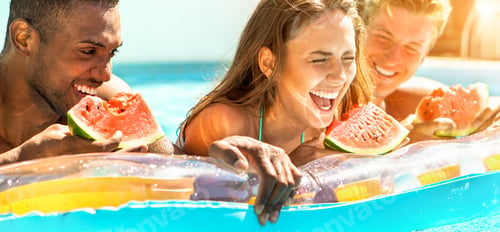 Preview: Happy Diverse Culture Friends Eating Watermelon At Swimming Pool Party - Young People Having Fun In