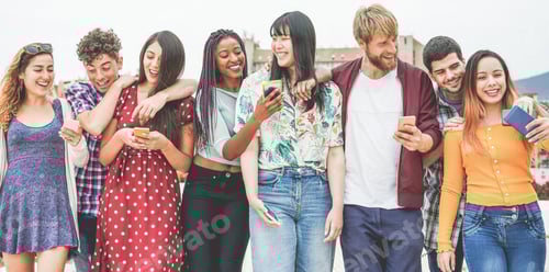 Preview: Happy Millennials Friends Walking Together Outside Of University - Young Students Having Fun