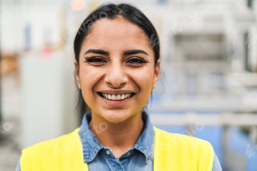 Preview: Happy Engineer Woman Working Inside Robotic Factory - Industrial And Technology Concept - Main