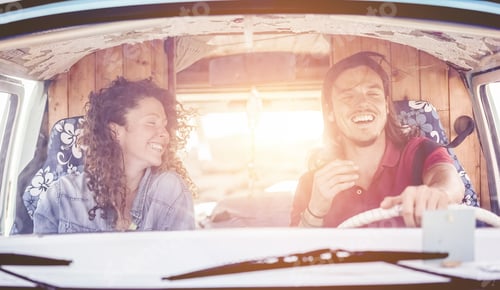 Preview: Happy Couple Driving Vintage Minivan For A Summer Road Trip - Trendy People Having Fun On Holiday