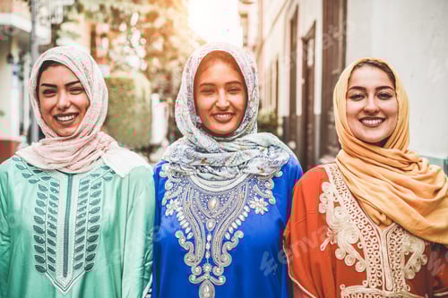 Preview: Portrait Of Arabian Girls Outdoor In City Street - Young Islamic Women Smiling On Camera - Youth