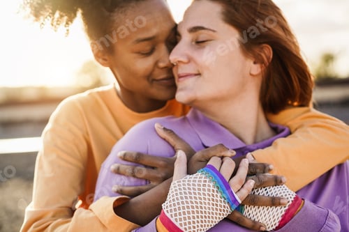 Preview: Happy Women Gay Couple Having Tender Moment Outdoor - Lgbt And Love Concept - Focus On Right Girl