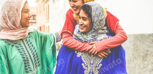 Preview: Young Islamic Friends Having Fun Outdoor - Happy Arabian Friends Laughing Together - Friendship
