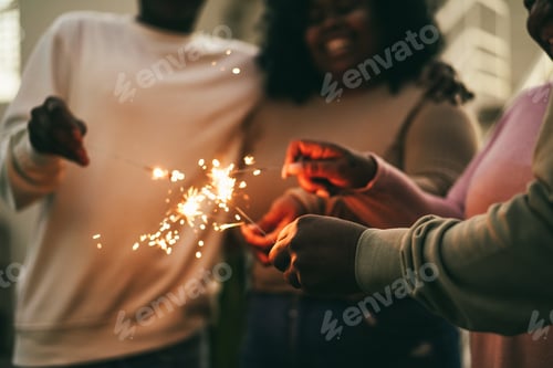 Preview: Happy African Family Using Sparklers Outdoor At Home - Focus On Right Hand