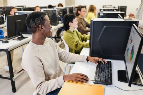 Preview: Young African Student Using Computer Inside College Room At School University - Focus On Afro Guy