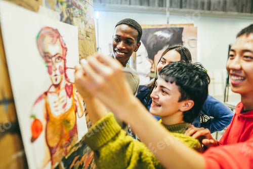 Preview: Multiracial Students Painting Inside Art Room Class - Focus On African Guy Face