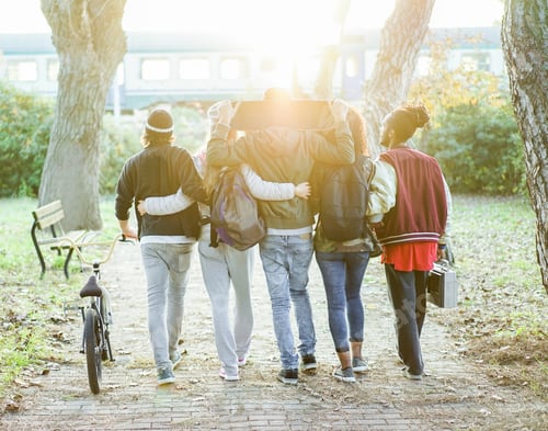 Preview: Group Of Friends Walking In City Park With Train And Sun Light In Background - Young People Having