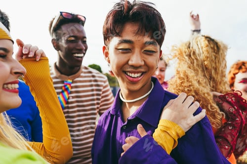 Preview: Happy Young People Dancing Outdoor At Festival Event - Focus On Asian Man Face