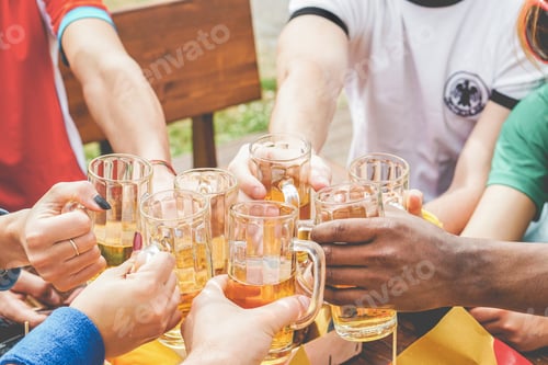Preview: Multination Football Supporters Cheering With Beers In Pub Outdoor Before Soccer Match - Happy
