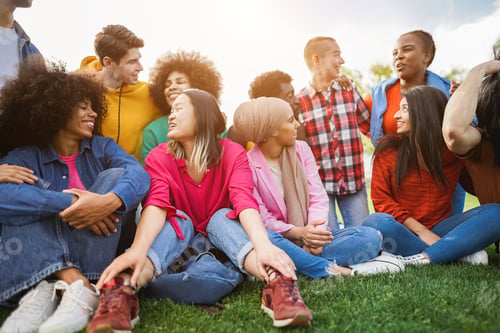 Preview: Young Diverse People Having Fun Outdoor Laughing Together - Focus On Left African Girl Face