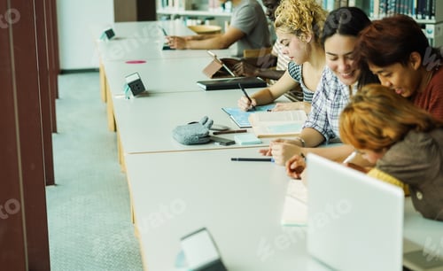 Preview: Young Group Of People Studying Inside College University Library - Back To School And Education