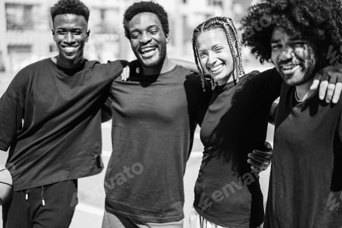 Preview: African Friends Playing Basketball Outdoor - Focus On Girl Face - Black And White Editing