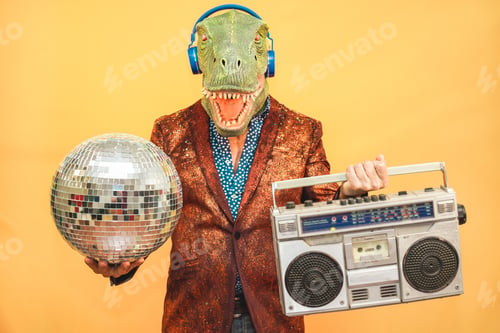 Preview: Crazy Senior Man Dancing Rock Music Wearing T-Rex Mask - Tattoo Trendy Guy Having Fun Listening