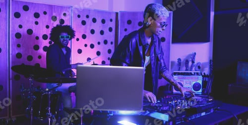Preview: Music Band Recording Song In Boutique Recording Studio - Soft Focus On Woman Left Hand