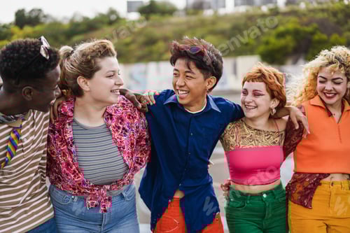 Preview: Young Diverse Friends Having Fun Outdoor Laughing Together - Main Focus On Asian Guy Face