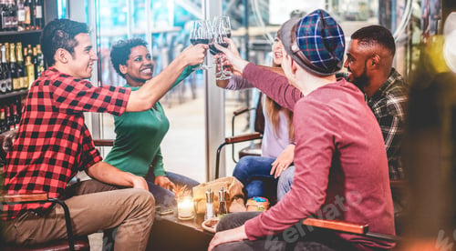 Preview: Happy Friends Cheering With Red Wine Inside Trendy Winery Bar - Millennials People Having Fun In