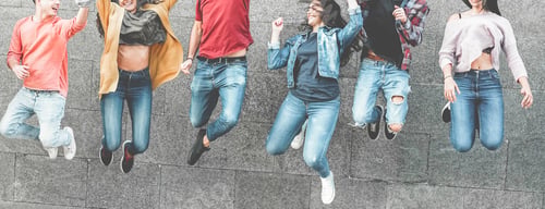 Preview: Happy Millennials Friends Jumping Outdoor For Celebrating - Young People Having Fun Together