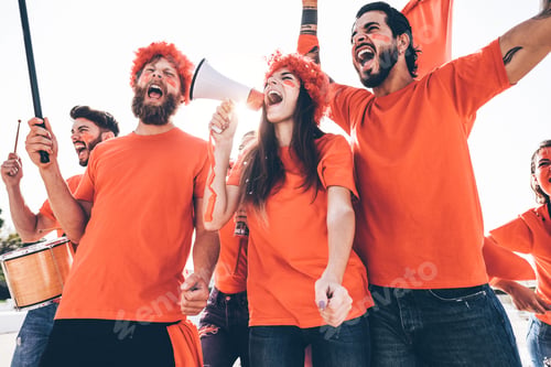 Preview: Orange Sport Fans Screaming While Supporting Their Team Out Of The Stadium - Football Supporters